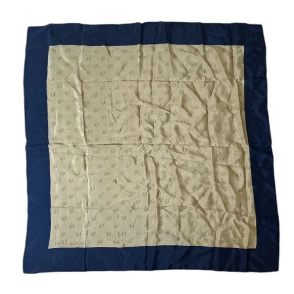 CHRISTIAN DIOR Silk Scarf Printed Pattern Navy Blue Vintage - Picture 1 of 5